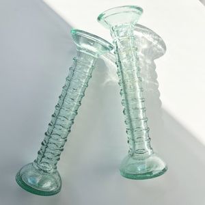 Set of 2 Vintage La Mediterranea Recycled Green Glass Vases/Candlesticks 10”